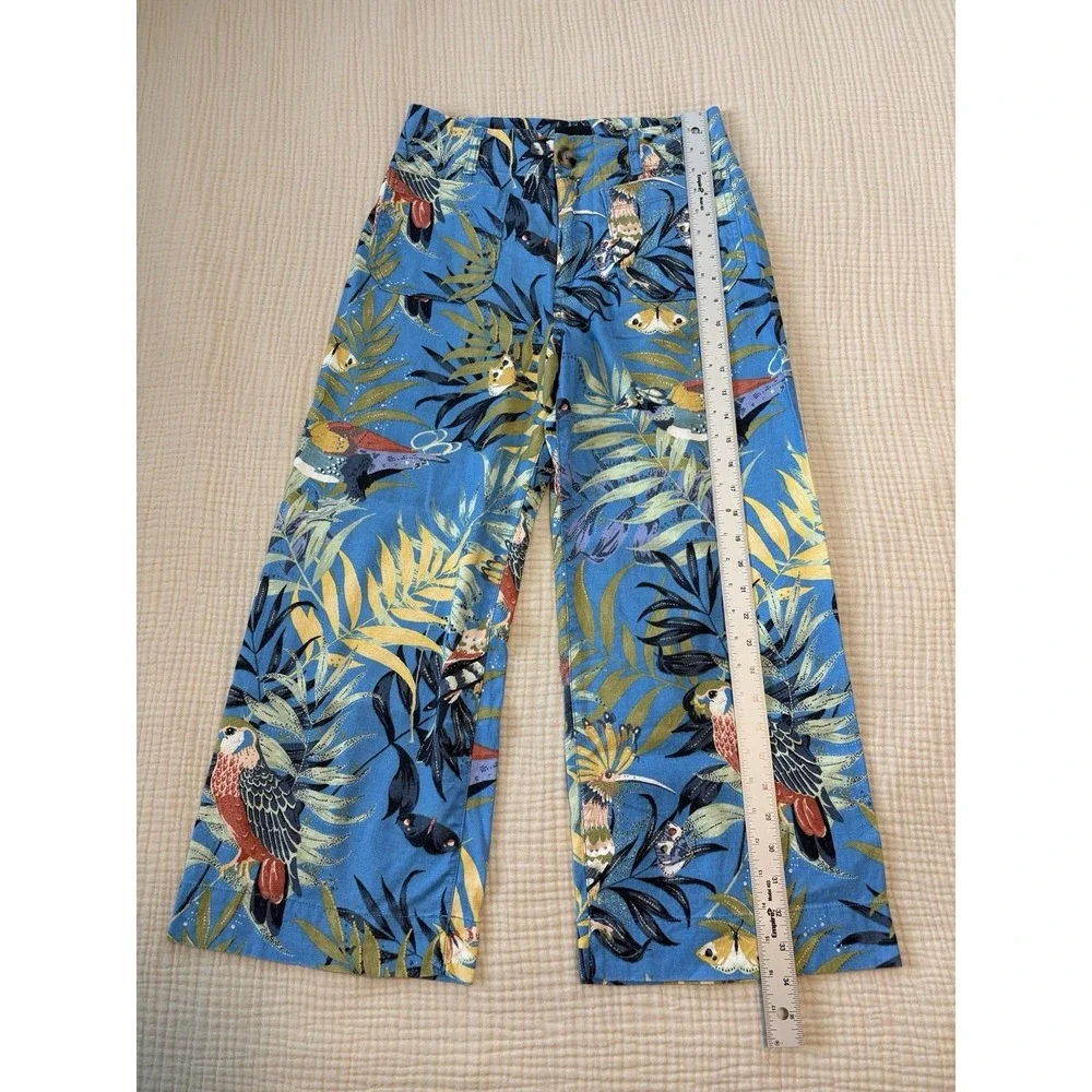 Anthropologie Maeve‎ Colette Pants Wide-Leg Linen Blue Tropical Print Size 4P